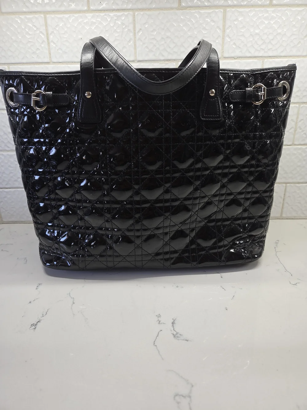 Christian Dior Black Quilted Patent Leather Panarea Medium Tote Bag + COA